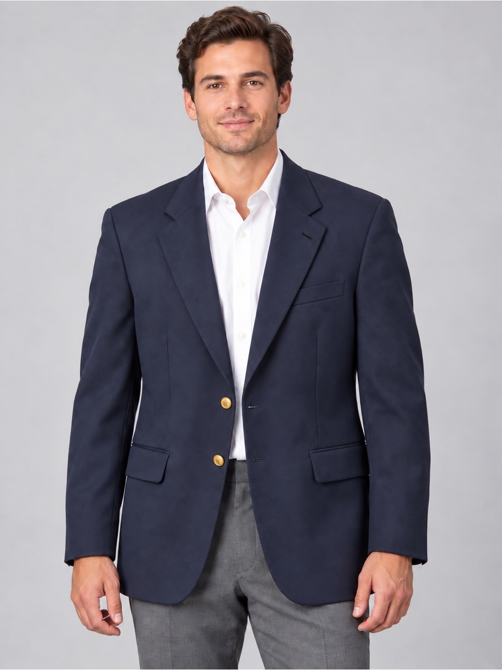 Mens Classic Navy Two-Button Blazer with Gold Buttons